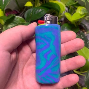 Handmade Polymer Clay Lighter Case – [Purple and Green Swirls] – Fits Bic – Boho Refillable Cover – Unique Gift for Smoker