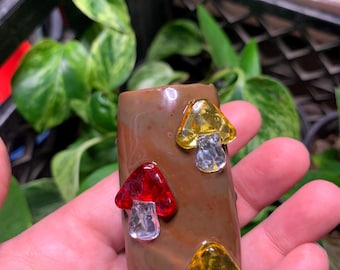 Handmade Polymer Clay Lighter Case – [Brown Swirls with Mushrooms] – Fits Bic – Boho Refillable Cover – Unique Gift for Smoker