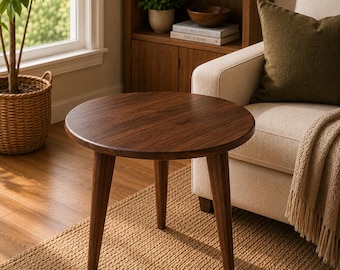 May include: A round side table with a dark brown wood grain finish, featuring a smooth circular tabletop supported by three sturdy, slightly tapered legs. The table is constructed from wood and displays a consistent, rich walnut-toned surface.