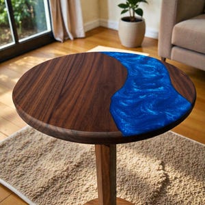 Resin River End Table, Solid Wood Side Table, Walnut Cherry Maple, Handmade Accent Table, Modern Rustic Furniture, Luxury Home Decor