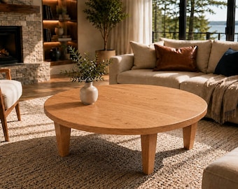 Skandinavischer runder Couchtisch | Couchtisch aus Massivholz | Couchtisch aus weißer Eiche | Handgefertigte moderne Wohnzimmermöbel