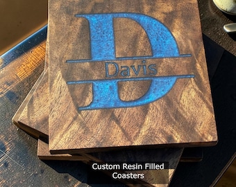 Personalisierte Untersetzer aus Holz | Individuell graviert & mit Harz gefüllt | Walnuss, Kirsche, Ahorn | Monogramm, Name, Datum, Logo | 4er-, 6er- oder 8er-Pack