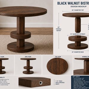 May include: A black walnut bistro table with a 26-inch diameter top, 40-inch overall height, and a 20-inch diameter base. The table features a central rounded octagon spindle, a 15-inch diameter footrest, and a 1.25-inch thick tabletop.