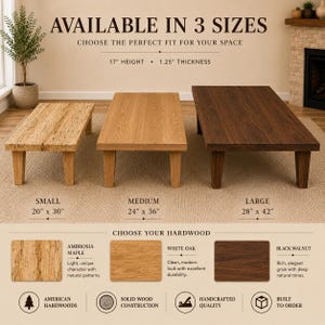 K&ouml;nnte beinhalten: Drei rechteckige Couchtische aus Holz in den Gr&ouml;&szlig;en klein, mittel und gro&szlig;. Die Tische sind 43,18 cm hoch und 3,175 cm dick. Die Ma&szlig;e betragen 50,8 x 76,2 cm, 60,96 x 91,44 cm und 71,12 x 106,68 cm. Holzarten sind Ambrosia-Ahorn, Wei&szlig;eiche und Schwarznuss.