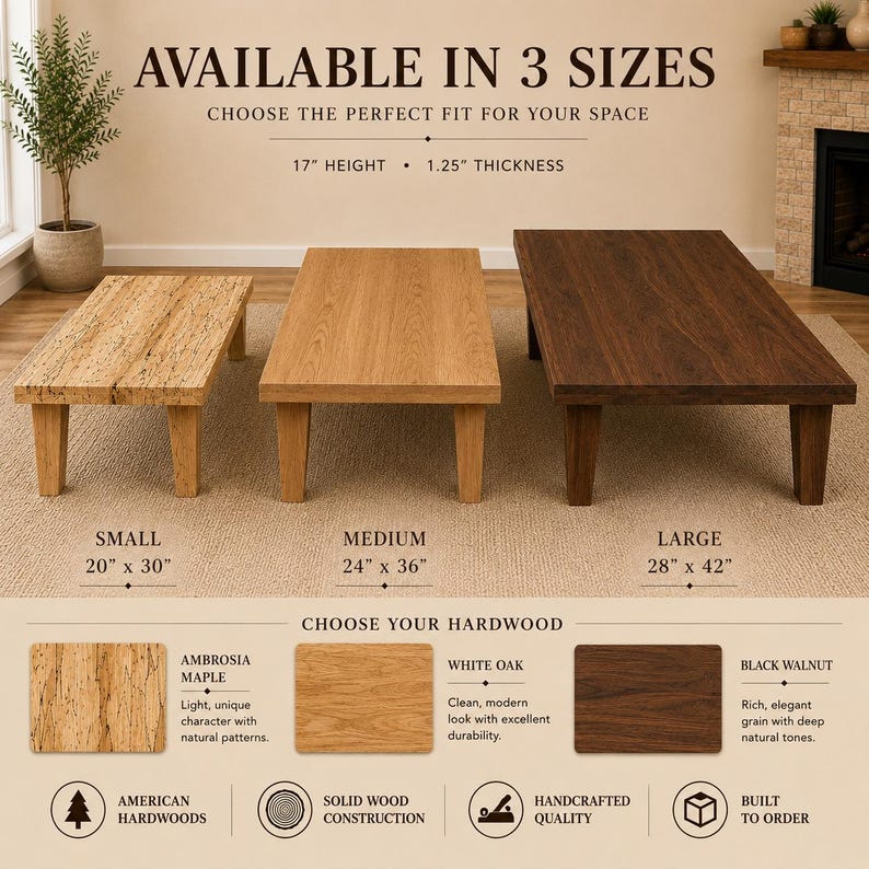 K&ouml;nnte beinhalten: Drei rechteckige Couchtische aus Holz in den Gr&ouml;&szlig;en klein, mittel und gro&szlig;. Die Tische sind 43,18 cm hoch und 3,175 cm dick. Die Ma&szlig;e betragen 50,8 x 76,2 cm, 60,96 x 91,44 cm und 71,12 x 106,68 cm. Holzarten sind Ambrosia-Ahorn, Wei&szlig;eiche und Schwarznuss.