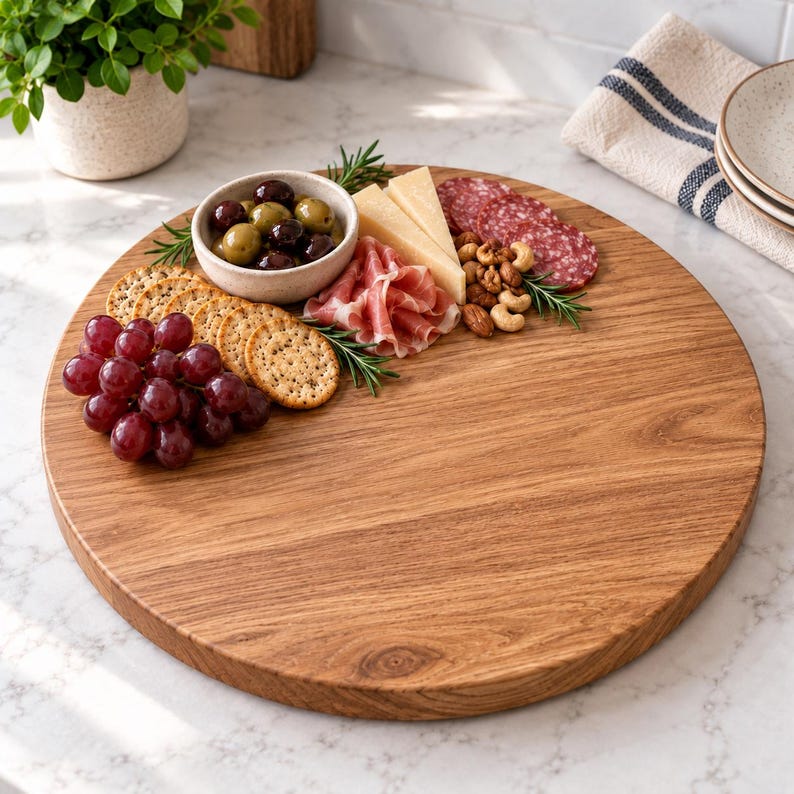 May include: A round wooden serving board featuring a selection of food items including a small bowl of green and black olives, sliced cheese, folded prosciutto, salami, a cluster of red grapes, round crackers, and a small pile of mixed nuts.