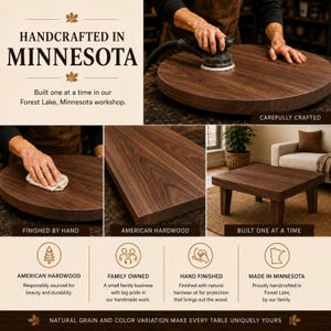 K&ouml;nnte beinhalten: Ein dunkelbrauner Couchtisch aus Holz mit sichtbarer Maserung. Der Tisch wird in verschiedenen Fertigungsstadien gezeigt, einschlie&szlig;lich Schleifen und Handveredelung. Der Text auf dem Bild enth&auml;lt 'HANDCRAFTED IN MINNESOTA' und 'AMERICAN HARDWOOD'.