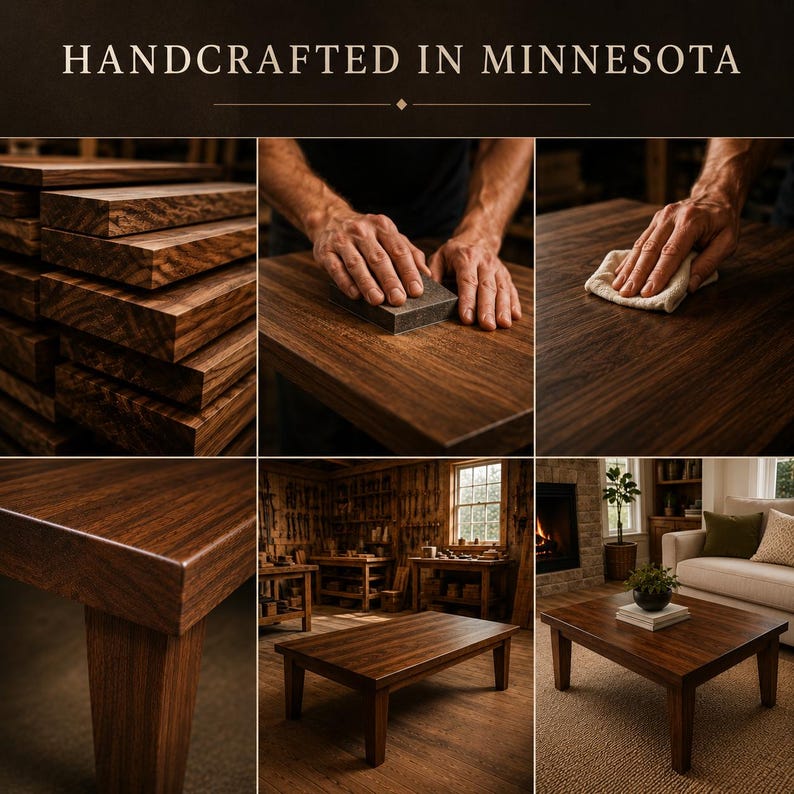 K&ouml;nnte beinhalten: Ein dunkelbrauner Couchtisch aus Holz mit geraden Beinen und glatter Oberfl&auml;che. Die Collage zeigt die Holzmaserung, den Schleifprozess und den fertigen Tisch in einem Wohnzimmer mit dem Text HANDCRAFTED IN MINNESOTA am oberen Rand.