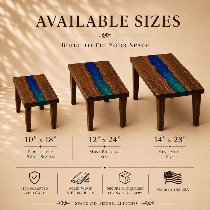 May include: Three rectangular tables with dark wood tops and a central blue and green epoxy resin river inlay. The tables are shown in three sizes: 10 inches by 18 inches, 12 inches by 24 inches, and 14 inches by 28 inches, all with a height of 23 inches.