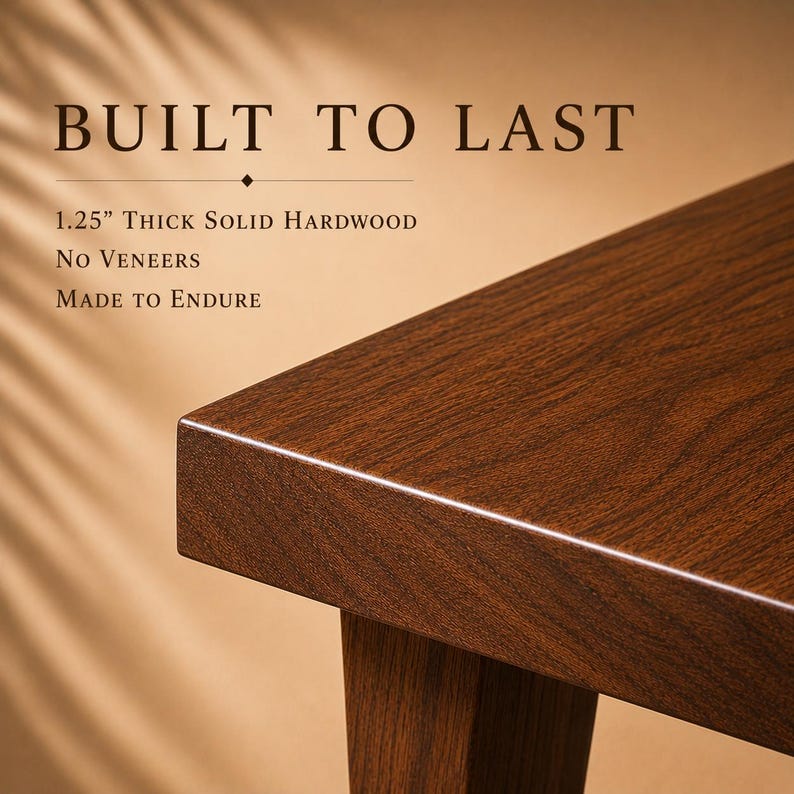 K&ouml;nnte beinhalten: Eine Ecke eines Tisches aus dunkelbraunem Massivholz mit glatter Oberfl&auml;che. Der Text lautet: BUILT TO LAST, 1.25" THICK SOLID HARDWOOD, NO VENEERS, MADE TO ENDURE. Die Holzmaserung ist auf der flachen Oberfl&auml;che und dem Tischbein sichtbar.