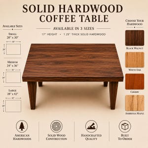 K&ouml;nnte beinhalten: Ein rechteckiger Couchtisch aus massivem Hartholz mit dunkler Holzmaserung und vier konischen Beinen. Der Tisch ist 43,18 cm hoch und hat eine 3,175 cm dicke Platte. Erh&auml;ltlich in drei Gr&ouml;&szlig;en und verschiedenen Holzarten f&uuml;r eine individuelle Auswahl.