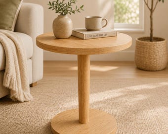 Scandinavian Pedestal End Table | White Oak Side Table | Japandi Drink Table | Round Solid Wood Accent Table | Handmade USA