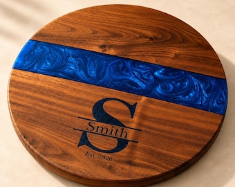 Personalized Resin River Lazy Susan – Walnut, Cherry or White Oak Turntable – Handmade Serving Tray – 10", 14", 20"