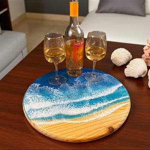 Platine vinyle Ocean Lazy Susan faite main - Bois massif avec plateau de service en résine Ocean - 12", 16" et 20" de diamètre