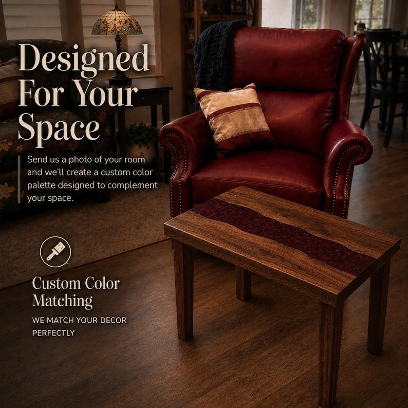 May include: A rectangular wooden side table featuring a dark red resin inlay running through the center. The table has four straight legs and a natural wood grain finish. Text on the image reads: Designed For Your Space, Custom Color Matching.