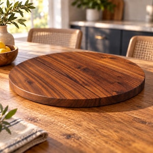 May include: A circular wooden serving board with a smooth, polished surface and visible dark brown wood grain patterns. The board is flat with a thick, rounded edge, showcasing the natural texture and rich, warm tones of the wood material.