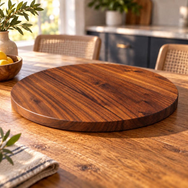 May include: A circular wooden serving board with a smooth, polished surface and visible dark brown wood grain patterns. The board is flat with a thick, rounded edge, showcasing the natural texture and rich, warm tones of the wood material.