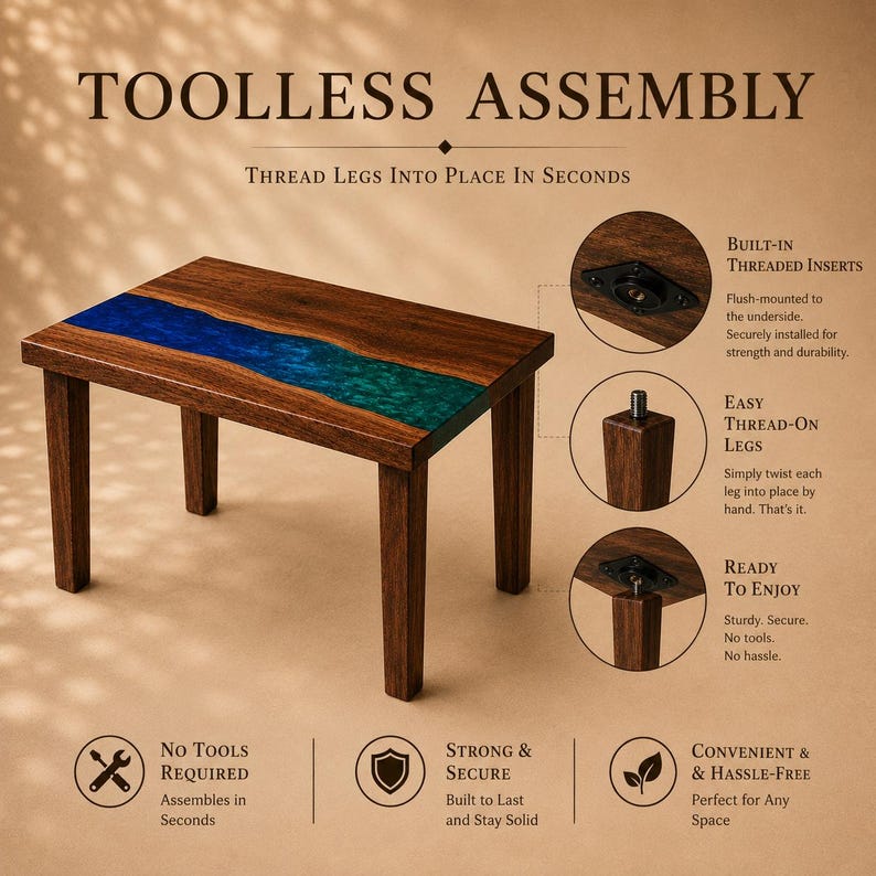 May include: A rectangular wooden table with a blue and green resin river inlay. The table features four straight legs and text stating TOOLLESS ASSEMBLY, THREAD LEGS INTO PLACE IN SECONDS, BUILT-IN THREADED INSERTS, EASY THREAD-ON LEGS, and READY TO ENJOY.