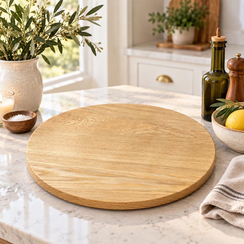 May include: A round, light-colored wooden serving board with a visible natural grain pattern. The circular board features a smooth, flat surface and is positioned centrally, showcasing its simple, functional design and warm, organic wood tone.
