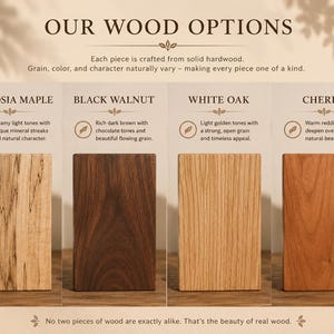 K&ouml;nnte beinhalten: Eine Darstellung mit vier rechteckigen Holzmustern, beschriftet als Ambrosia Maple, Black Walnut, White Oak und Cherry. Der Text lautet OUR WOOD OPTIONS und beschreibt die Farb- und Maserungsmerkmale jeder Holzart aus massivem Hartholz.