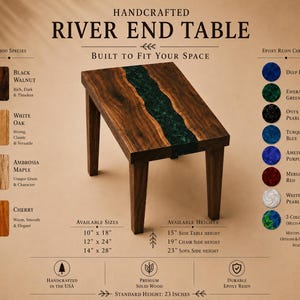 May include: A handcrafted river end table featuring a dark wood top with a central emerald green epoxy resin inlay and four straight legs. The text includes Handcrafted River End Table, wood species, epoxy resin colors, and available sizes in inches.