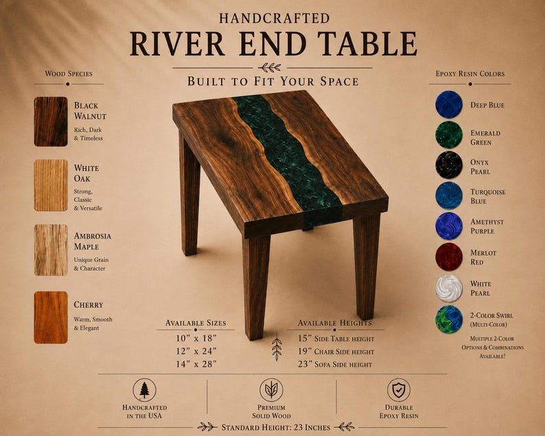 May include: A handcrafted river end table featuring a dark wood top with a central emerald green epoxy resin inlay and four straight legs. The text includes Handcrafted River End Table, wood species, epoxy resin colors, and available sizes in inches.