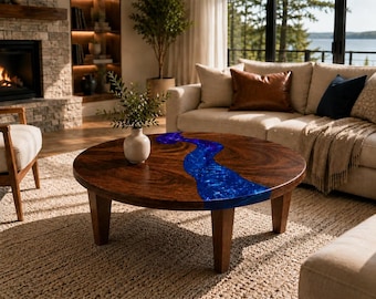 Runder Couchtisch, maßgefertigter Kunstharztisch, Couchtisch aus Walnussholz, handgefertigter Couchtisch aus Holz, moderne Wohnzimmermöbel