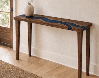 Resin River Console Table, Custom Epoxy Entryway Table, Walnut Sofa Table, Narrow Hallway Furniture, Handmade Wood Table