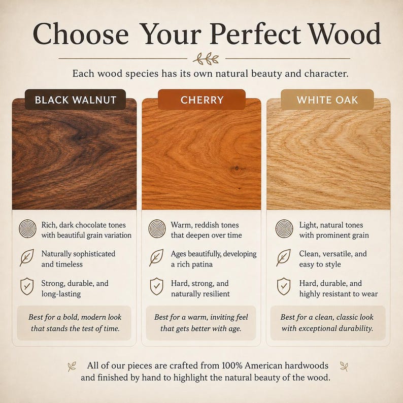 May include: An informational chart titled Choose Your Perfect Wood displaying three wood samples: dark brown Black Walnut, reddish-orange Cherry, and light tan White Oak. Each section lists characteristics including color tones, grain patterns, and durability.