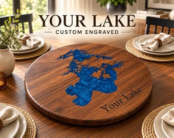 Custom Lake Lazy Susan, Personalized Lake Map Turntable, Resin Inlay Lake House Gift, Engraved Wood Serving Tray, Christmas Cabin Gift