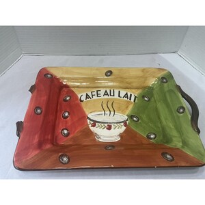 Cafe Au Lait Ceramic Coffee Serving Tray Hand Painted Rectangular Platter 10.5in
