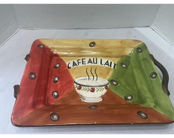 Bandeja rectangular de cerámica para servir café con leche, pintada a mano, 26,7 cm (10,5 pulgadas)