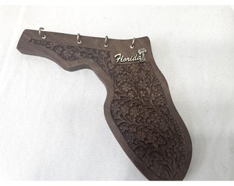 Drewniany wieszak na klucze w kształcie stanu Floryda, ręcznie rzeźbiony, dekoracja ścienna, 4 haki, Indie