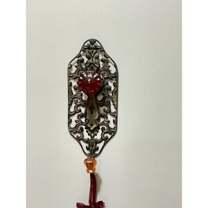 Vintage Ornate Filigree Wall Hanging with Red Glass Knob and Skeleton Keys