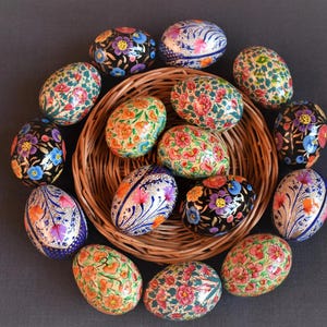 Hand Painted Papier Mache wooden easter eggs: Kashmiri easter egg assorted naqashi