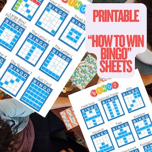 May include: Printable bingo sheets with various game patterns, including traditional, four corners, and full card. The sheets are blue and white, with the word "BINGO" at the top of each card. The text "HOW TO WIN BINGO SHEETS" is also visible.