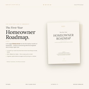 May include: A cream-colored document titled "The First-Year Homeowner Roadmap." The text includes details about a 24-page fillable binder for the first twelve months of ownership, with 640+ fillable fields. The document is letter size 21.59 x 27.94 cm.