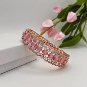 Pink Cubic Zirconia Bangle, Rose Gold Bangle, Pink Stone Kada, Indian Bracelet, Openable Bracelet, Desi Rose Gold Bracelet, CZ Indian Bangle