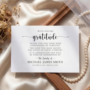 May include: A white card with black text expressing gratitude. The card reads "With Sincere Gratitude" and includes a message of thanks for sympathy. It also includes the name Michael James Smith and dates October 12, 1941 - March 23, 2023.