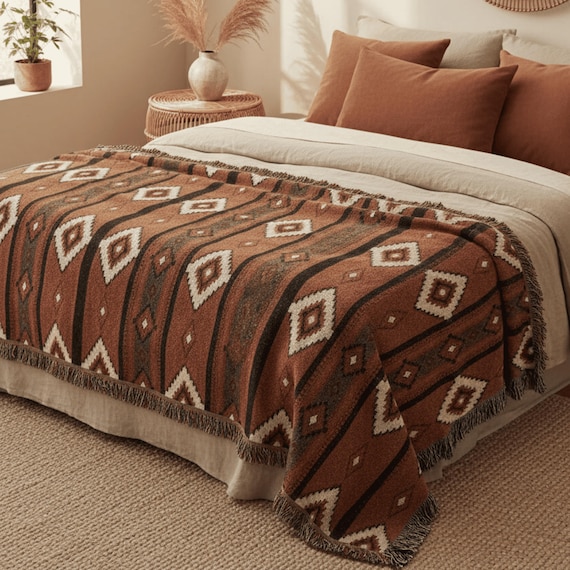 South Western Woven Native American Cotton Throw Blanket Bedroom Boho Cabin Art Geometric Navajo Tribal Style Rustic Lodge Decor
