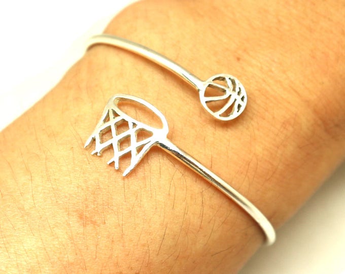 Silver Basketball Rim and Net Bracelet Bangle - Basketball Jewelry, Gift for Basketball Lovers, Fan, Girl, School Team, Sport, Athlete