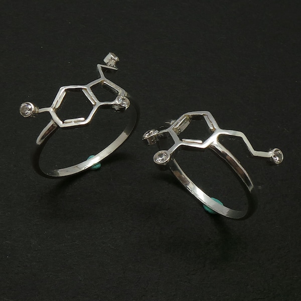 Set of 2 Serotonin and Dopamine Molecule Ring - Chemistry Jewelry - Molecule Rings.  Psychology Gift for Teacher Appreciation and Student