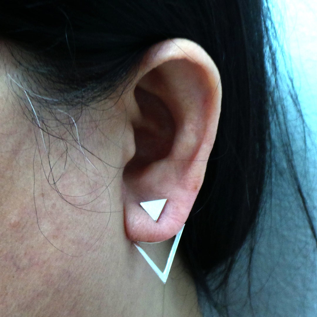Silver Geometric Triangle Ear Jacket Stud Earring Ear Etsy