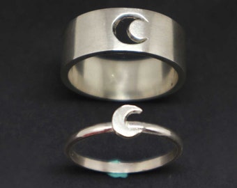 Moon Couple Set Promise Ring - Moon Jewelry, Celestial Ring, Alternative Engagement Wedding Matching Ring, Crescent Moon Ring
