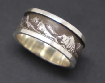 Sterling Silver Mountain Range Ring - Unique Mountain Wedding Band Jewelry for Men, Husband