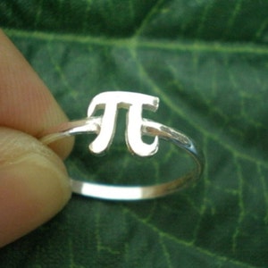 May include: A silver ring with a simple pi symbol design.