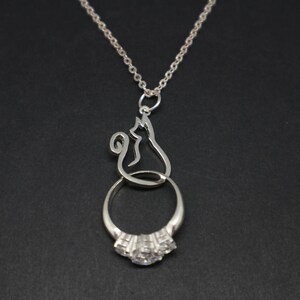 Sterling Silver Cat Ring Holder Necklace Pendant - Wedding and Engagement Ring Holder Necklace - Gift for Wife, Women, Cat Animal  Lovers