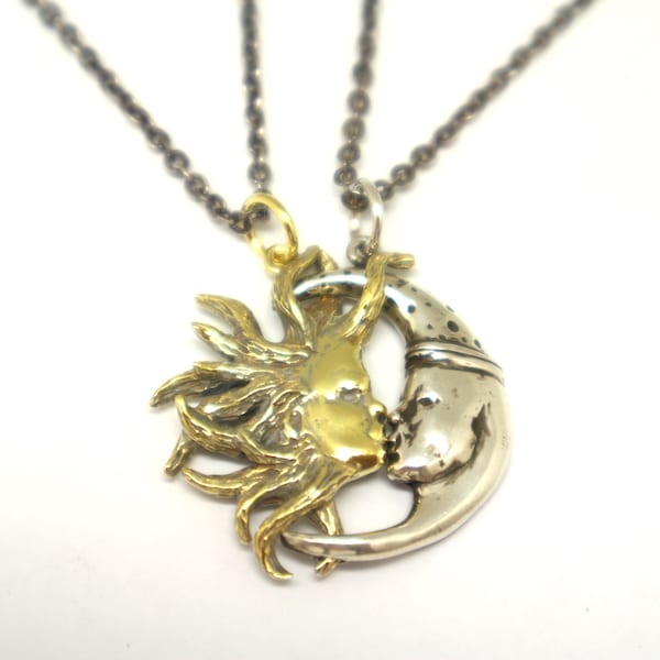 Silver Sun and Moon Couple Necklaces - Sun and Moon Jewelry, Yellow Gold, Celestial Necklace, Matching Couple Necklace Set, His and Her GIft