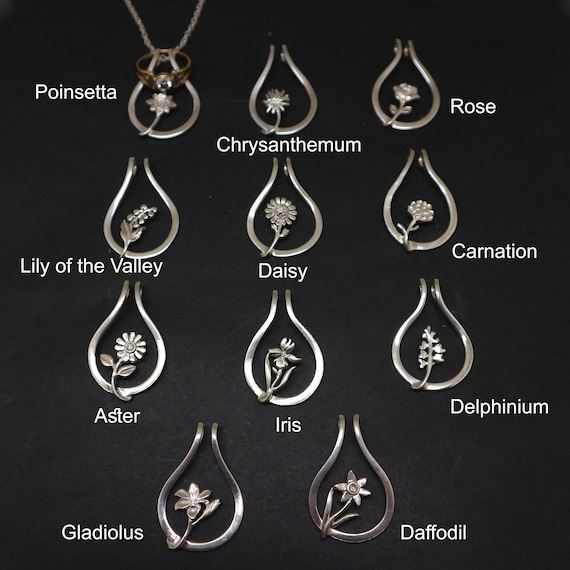 Silver Birth Flower Ring Holder Necklace - Wedding Graduation Engagement Gift for Bride, Wife, Mother, Mom, Doctor, Surgeon