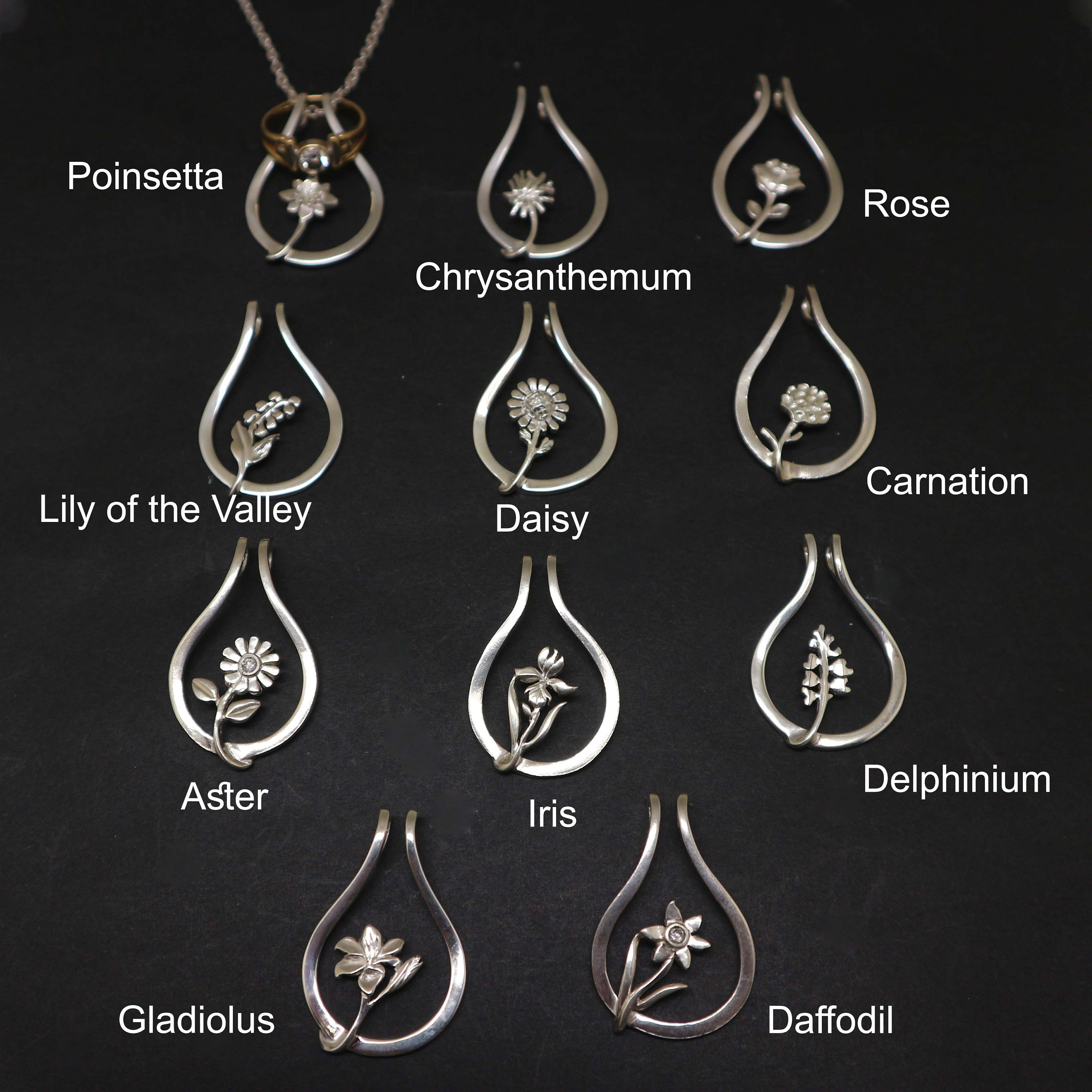 Silver Birth Flower Ring Holder Necklace - Personalized Your Birthflower with your Birth Month, Custom Floral Jewelry